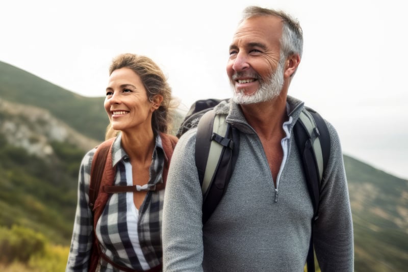 Image of an older couple wearing backpacks and hiking together