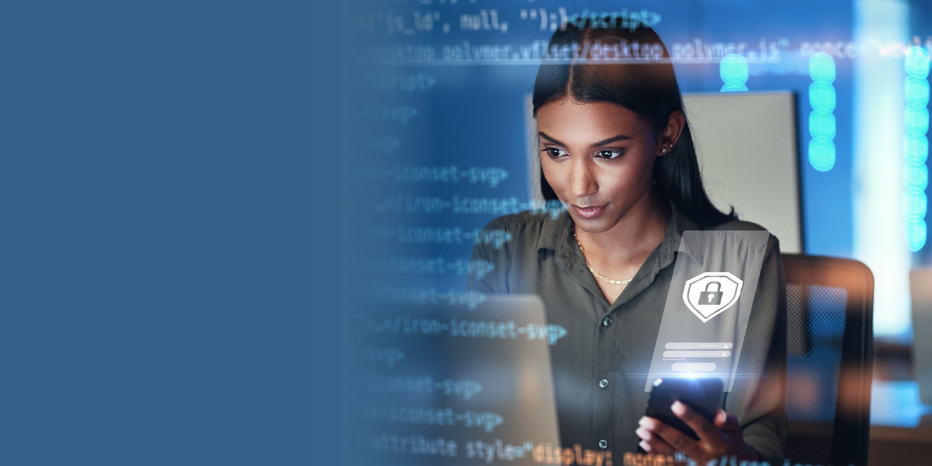 A woman looking at cybersecurity on her laptop